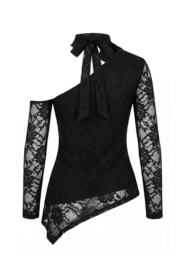 Siyah Çiçekli Fitted/Vücuda Oturan Asimetrik Yaka Uzun Kollu Kuşaklı Tül Örme Bluz TWOAW26BZ00346 - 5