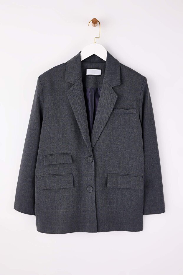 EXCLUSIVE Özel Koleksiyon Lacivert Cep Detaylı Ekoseli Oversize Blazer Ceket TWOAW26BC00048 - 1