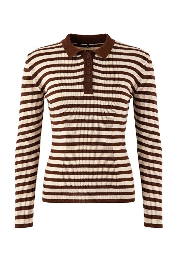 Kahverengi Polo Yaka Basic Çizgili Fitted/Vücudu Saran Triko Kazak TBBAW26AN00064 - 5