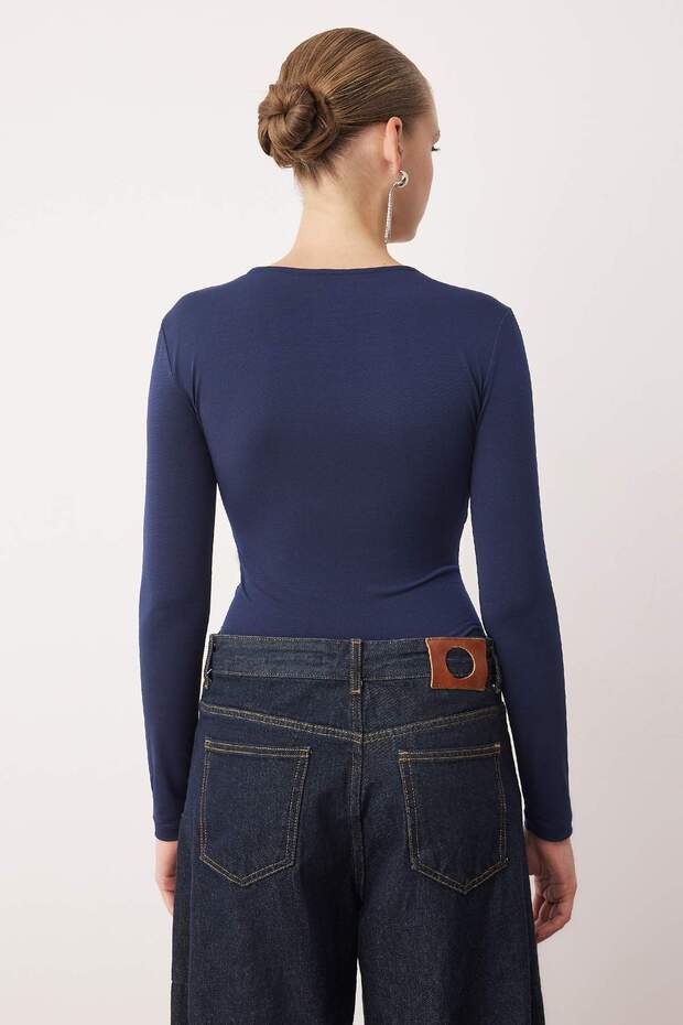 Lacivert Örme Dantelli Yaka Detaylı Body TPRAW25BD00007 - 4