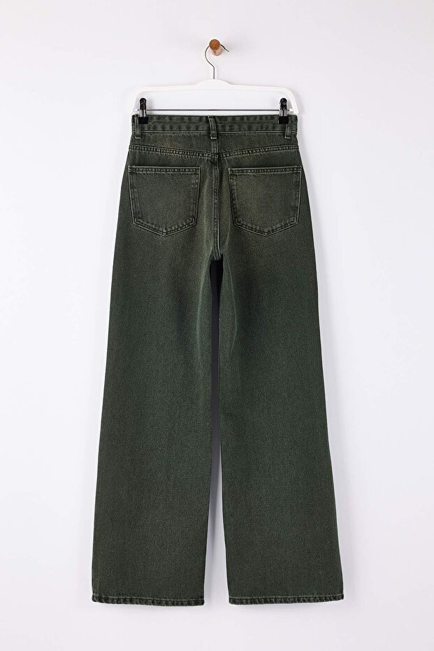 Haki Vintage Yıkama Yüksek Bel %100 Pamuk Geniş Paça Wide Leg Jeans TWOSS26JE00017 - 6