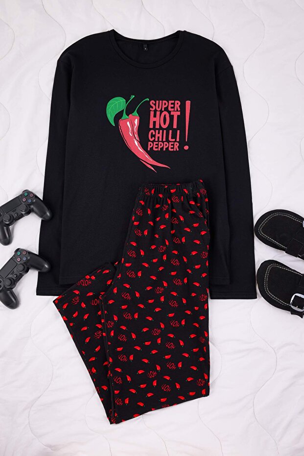 Siyah Regular Kesim Biber Baskılı Pamuklu Cep Detaylı Uzun Örme Pijama Takımı TMNAW26PT00044 - 5