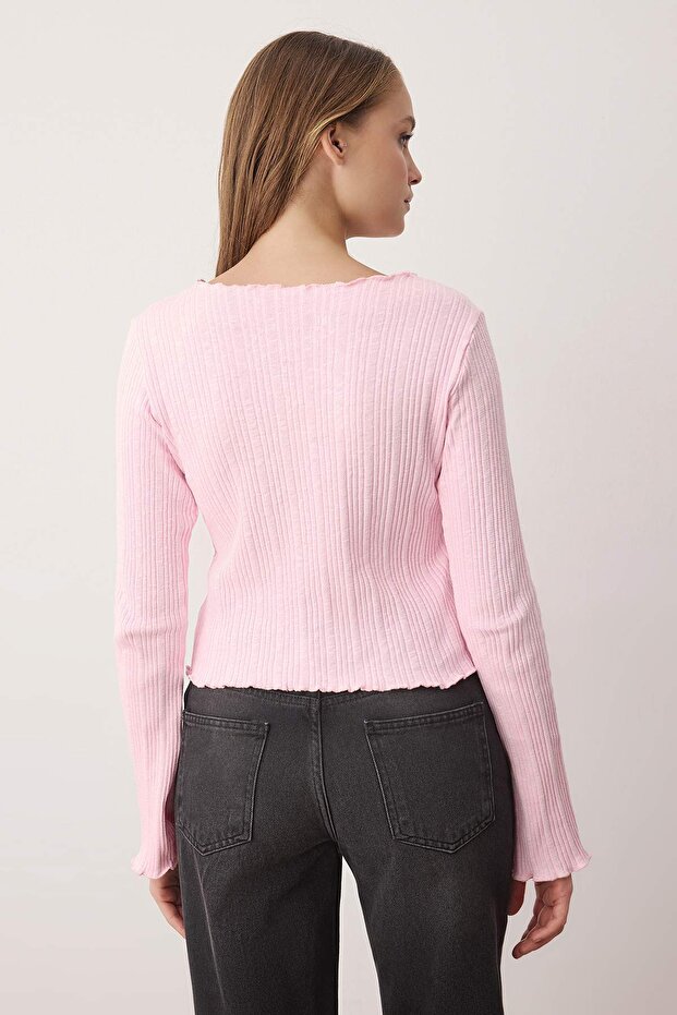 Açık Pembe Jakarlı Fitted/Vücuda Oturan Düğme Detaylı Esnek Örme Bluz TWOAW26BZ00046 - 4