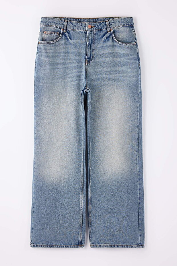 Mavi Yüksek Bel Geniş Paça Wide Leg %100 Pamuk Büyük Beden Jeans TBBAW26CJ00060 - 5