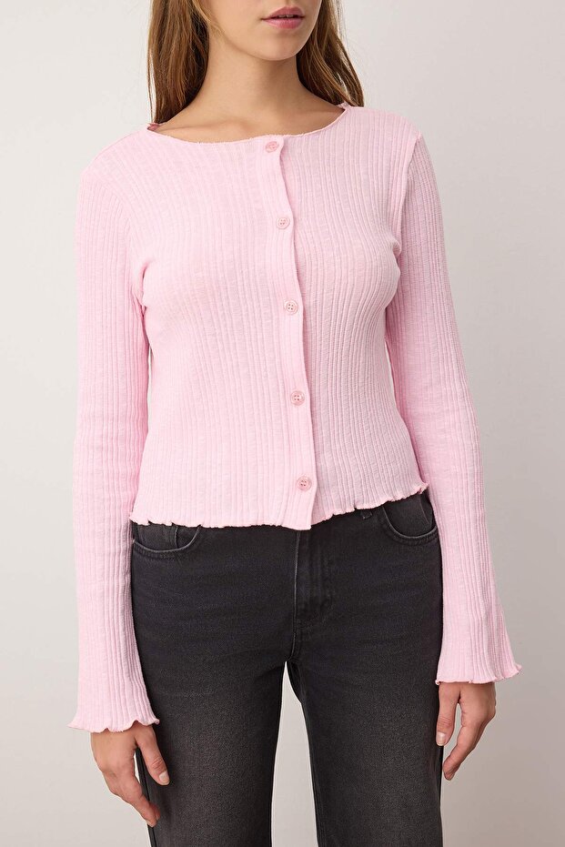 Açık Pembe Jakarlı Fitted/Vücuda Oturan Düğme Detaylı Esnek Örme Bluz TWOAW26BZ00046 - 3