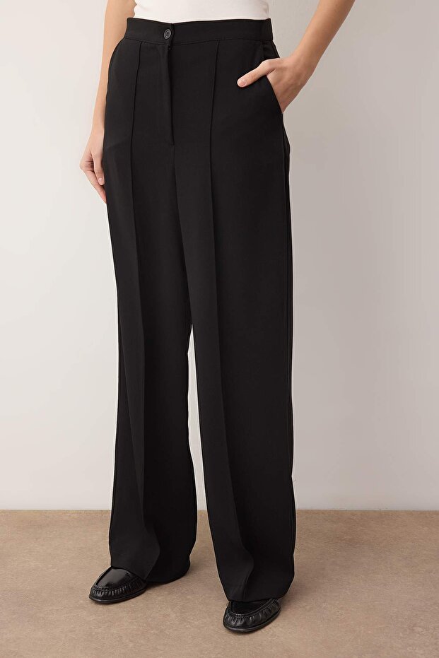 EXCLUSIVE Özel Koleksiyon Dökümlü Siyah Nervürlü Wide Leg/Geniş Paça Pantolon TWOAW26PL00118 - 3