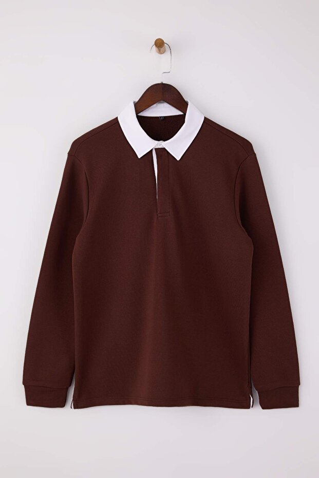 Kahverengi Yeni Oversize/Geniş Kesim Yakası Dokuma Polo Yaka Sweatshirt TMNAW26SW00012 - 5