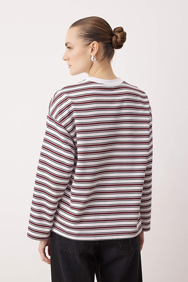 Çok Renkli Çizgili Oversize/Geniş Kesim Bisiklet Yaka İnce Örme Sweatshirt TWOAW23SW00326 - 2