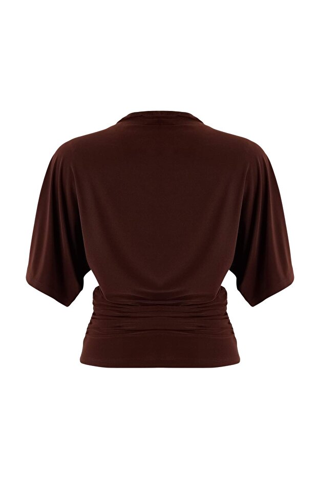 Kahverengi Fitted/Vücuda Oturan Kayık Yaka Yarasa Kol Kısa Kollu Esnek Örme Bluz TWOSS26BZ00020 - 6
