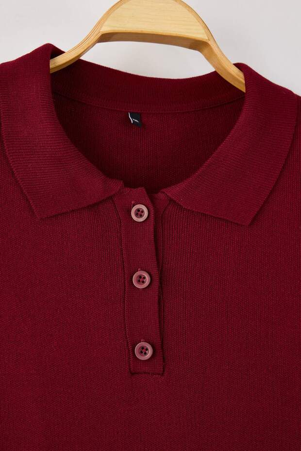 Bordo Polo Yaka Düğmeli Kısa / Mini Triko Elbise TBBSS26AH00001 - 6