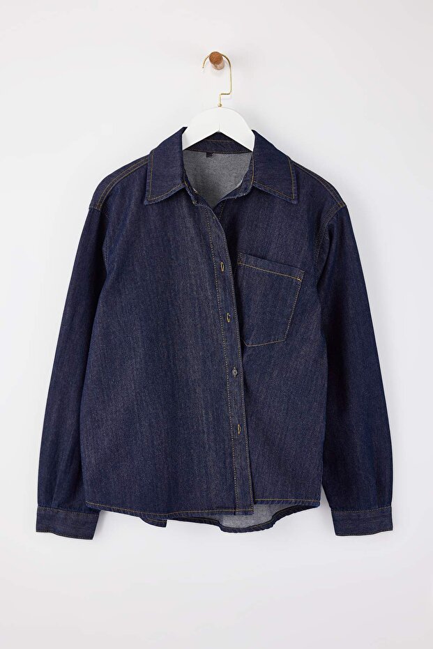 Limited Edition Koyu Mavi Düğme Detaylı 100% Pamuk Denim Gömlek TWOSS26GO00007 - 7