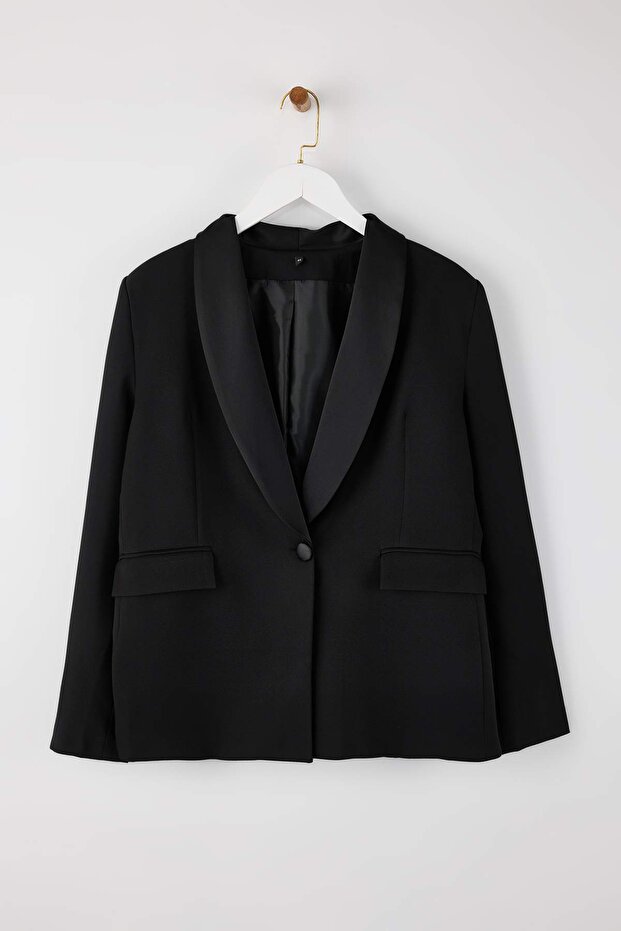 Black Satin Collar Oversized Woven Jacket Tbbss26Ag00001 - 1