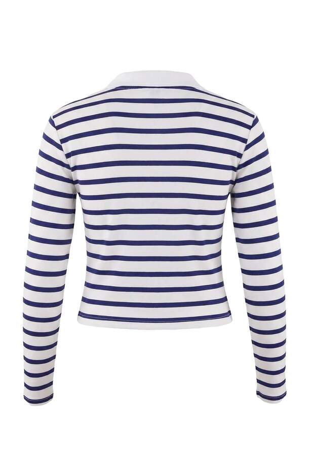 Lacivert Polo Yaka Çizgili Crop Boy Örme Büyük Beden Bluz TBBAW26AF00109 - 7