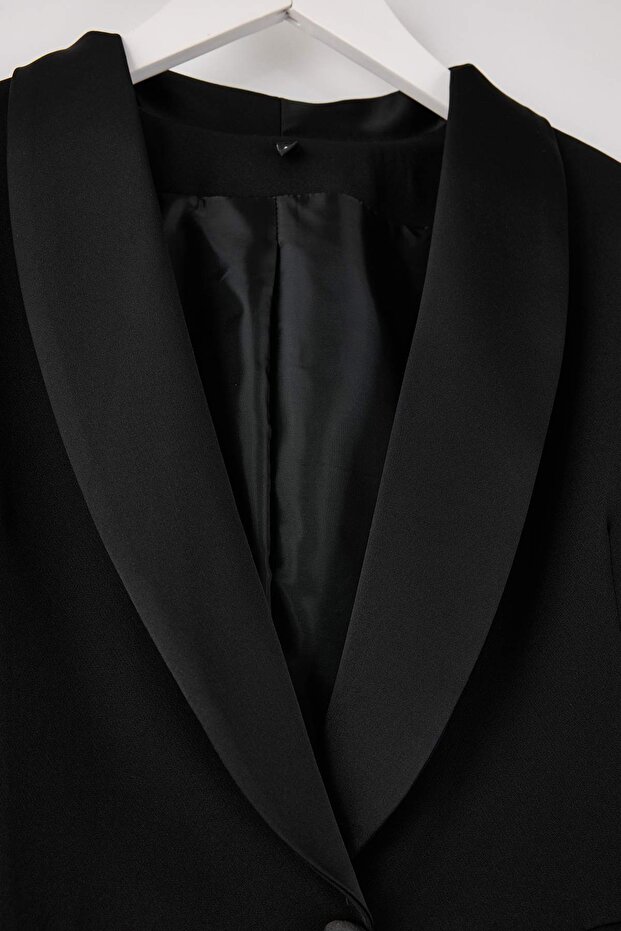 Black Satin Collar Oversized Woven Jacket Tbbss26Ag00001 - 2