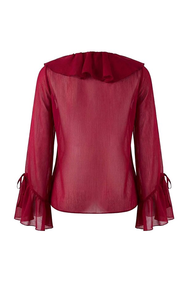 Bordo Fırfır Detaylı Transparan Şifon Dokuma Bluz TWOSS26BZ00084 - 6