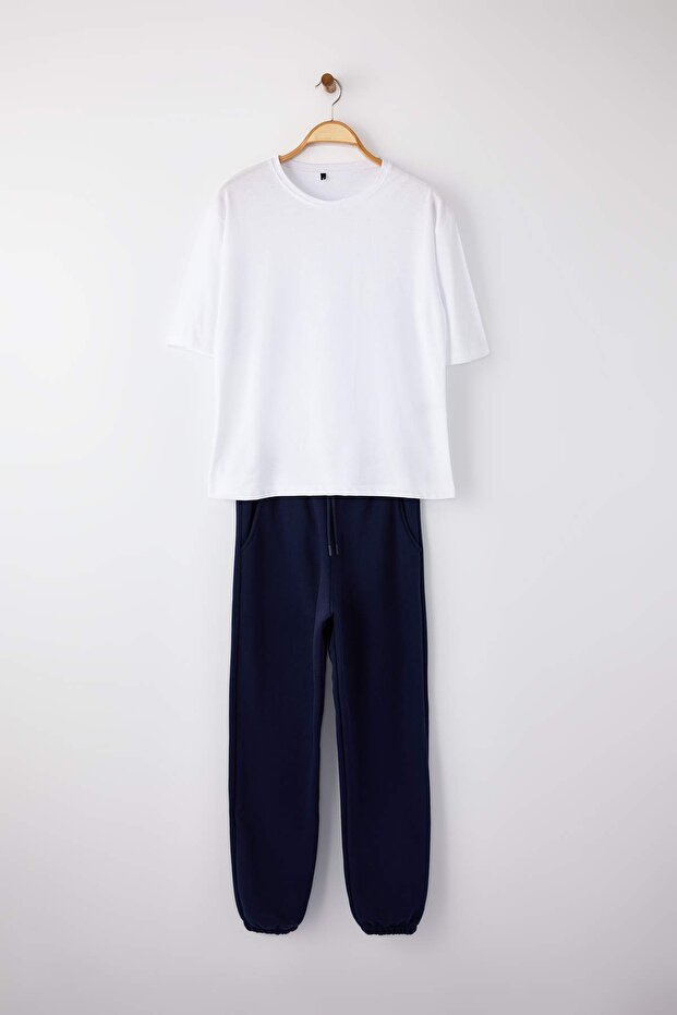 Navy Blue 3-Piece Cotton T-Shirt Sweatpants and Mock Neck Zippered Sweat Sweatpants Set Twoaw26Em00018 - 8