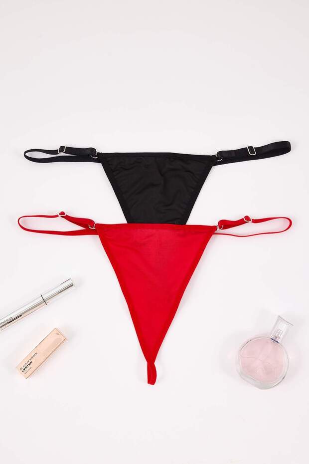 Siyah-Kırmızı 2'li Micro Taş Aksesuarlı String Örme Külot THMAW26KU00053 - 6