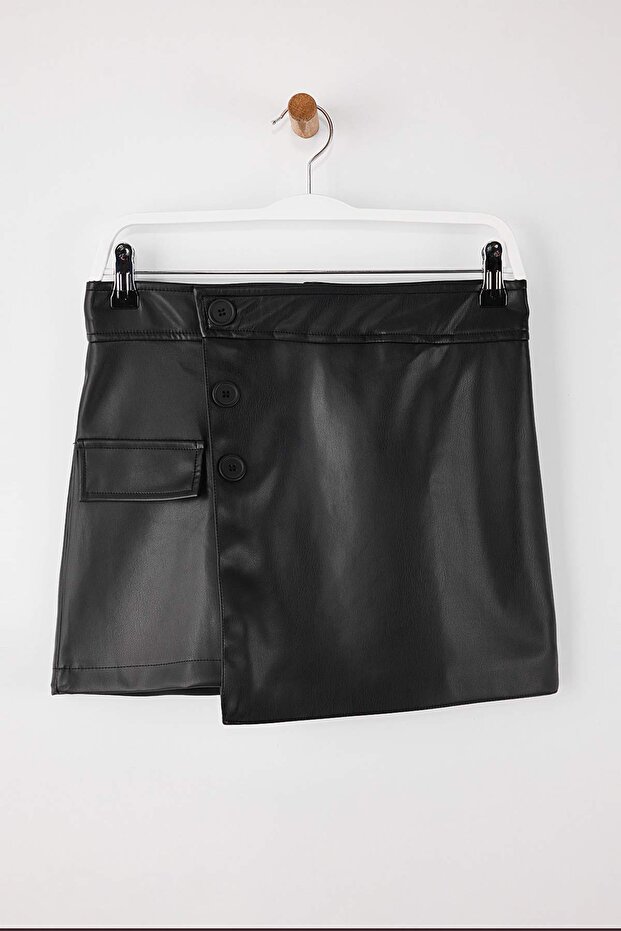 Siyah Suni Deri Mini Kruvaze Şort Etek TWOSS26SR00012 - 8