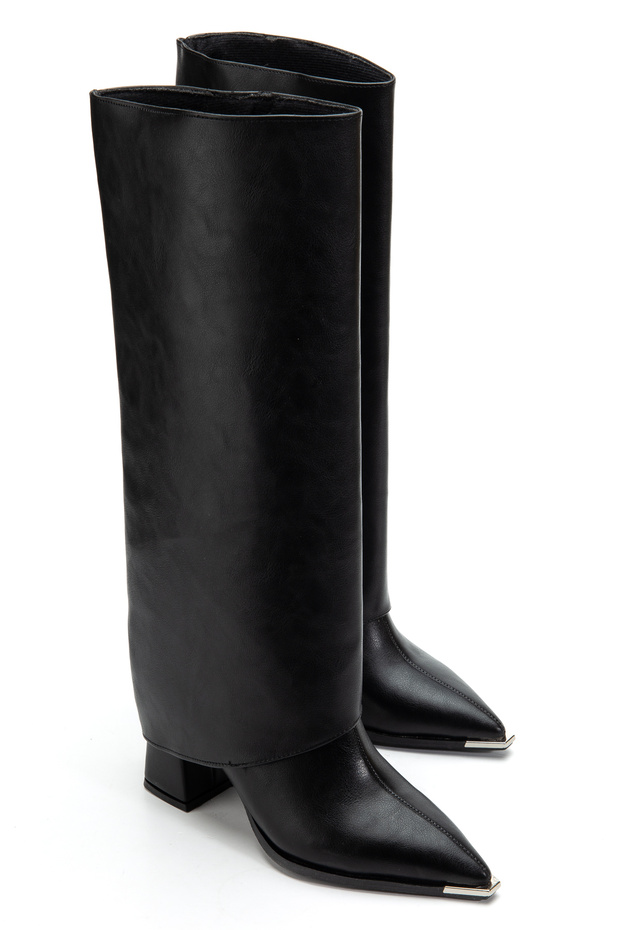 Women's Detachable Gaiter Detail Metal Pointed Toe Black Leather Boots