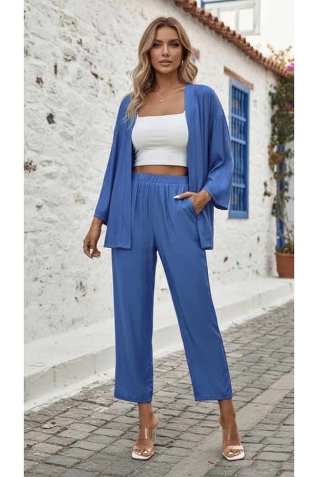 Women's Blue Elastic Waist Loose Wide Leg Pants Long Sleeve Flowy Kimono Two-Piece Set