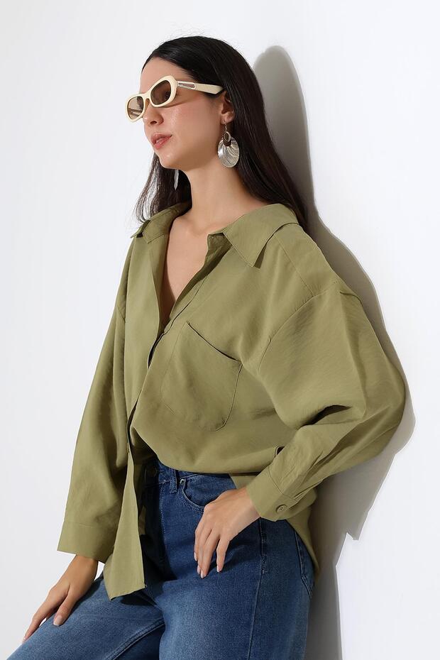 Tek Cep Modal Oversize Kadın Gömlek - 4