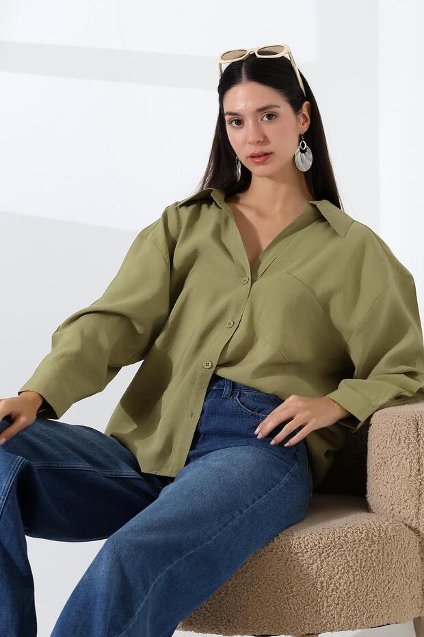 Tek Cep Modal Oversize Kadın Gömlek - 8