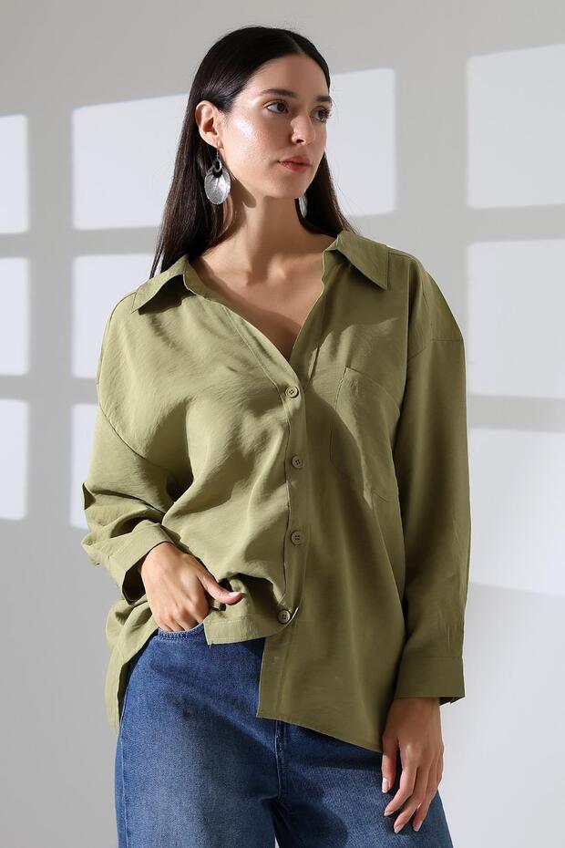 Tek Cep Modal Oversize Kadın Gömlek - 7