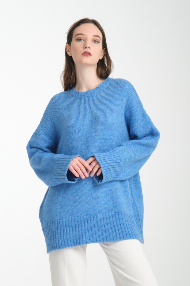 Oversize Basic Mavi Uzun Kadın Kazak - 2