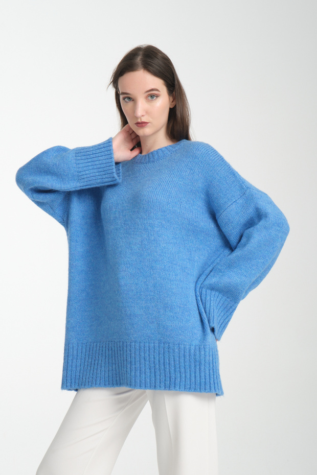 Oversize Basic Mavi Uzun Kadın Kazak - 7