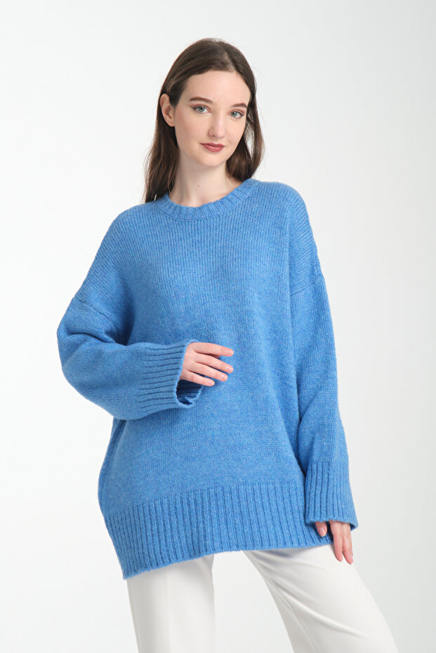 Oversize Basic Mavi Uzun Kadın Kazak - 1