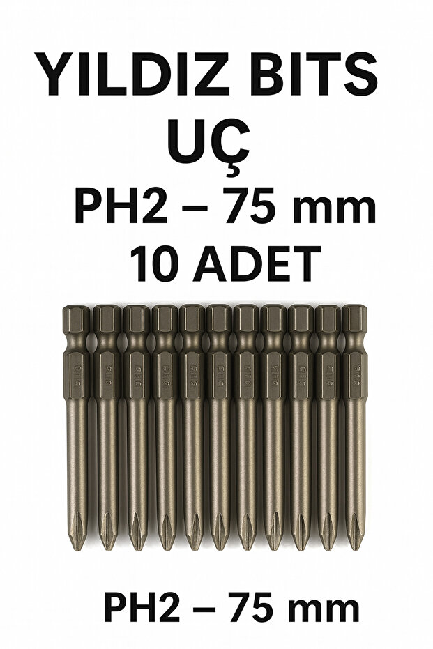 Yıldız Bits Uç PH2 75 mm – Vidalama Bits Ucu Seti S2 Çelik 10 Adet - 1