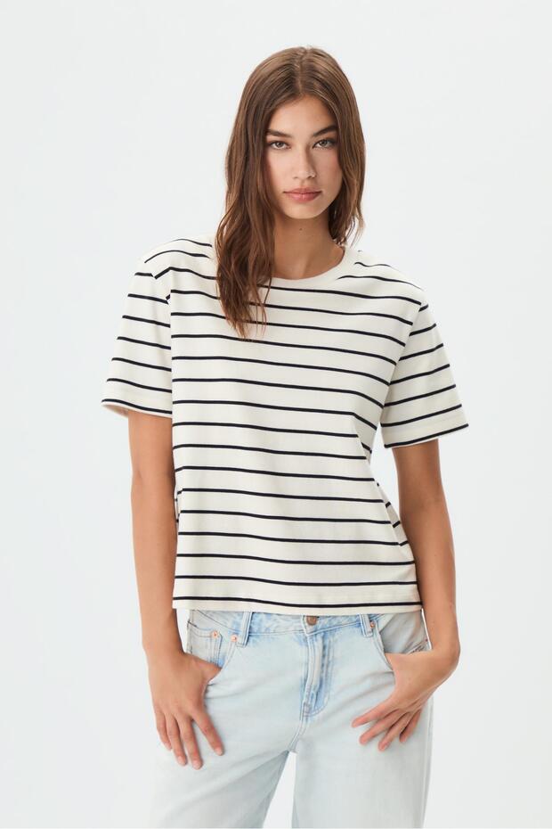 Basic Regular Fit Çizgili Kalın T-shirt - 2