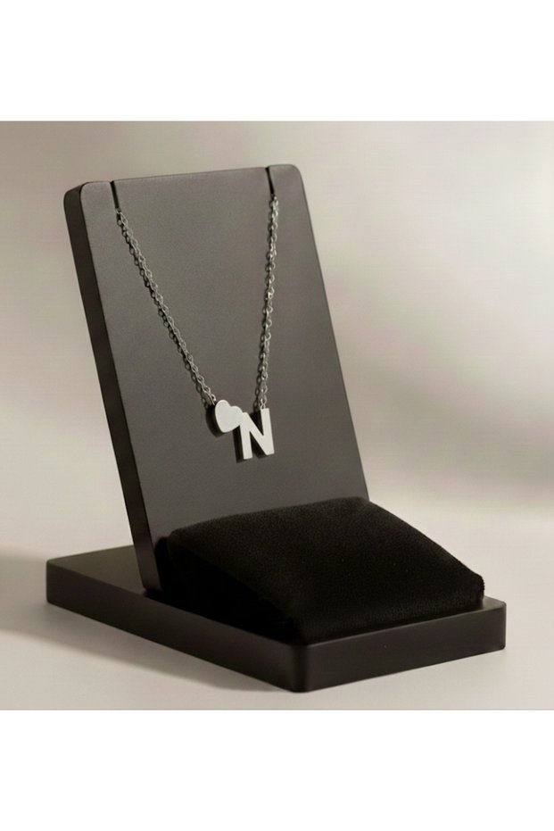 Steel Letter Heart Pendant Necklace, Stainless Steel Tarnish-Resistant Necklace, Silver, Stylish Detailed Gift Necklace, R Silver