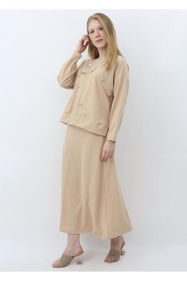 Women's Woven Fabric Button Detailed Long Skirt Hijab Set