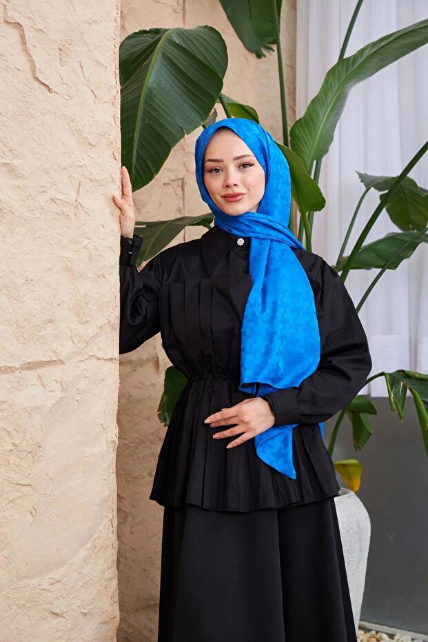 Cross Pattern Silky Jacquard Shawl Cobalt Blue 9006-15