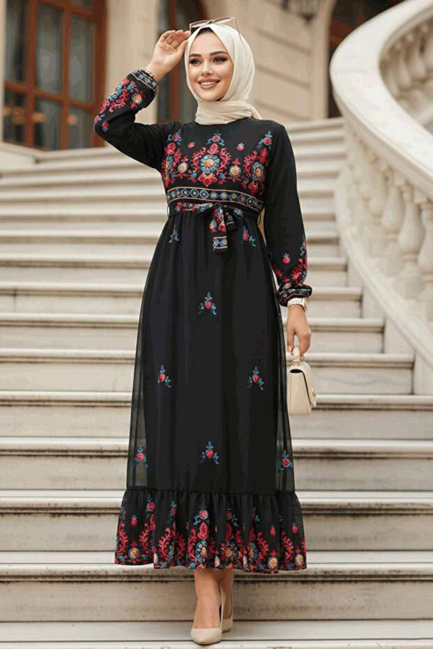Floral Patterned Black Hijab Dress 23231S