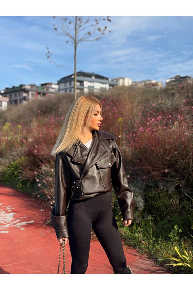 New Season Crop Leather Jacket with Flap Details