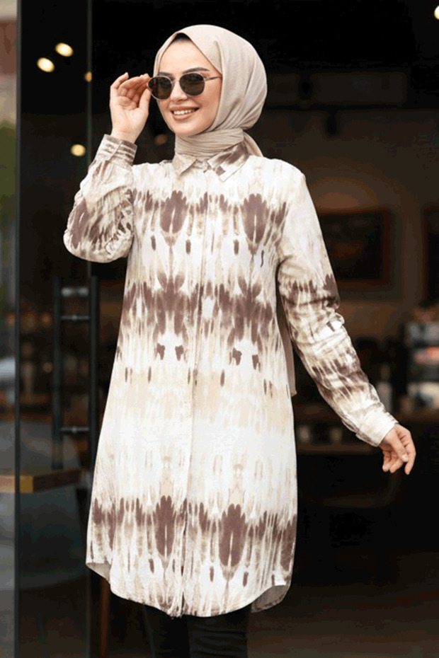 Patterned Brown Hijab Viscose Tunic 11744Kh