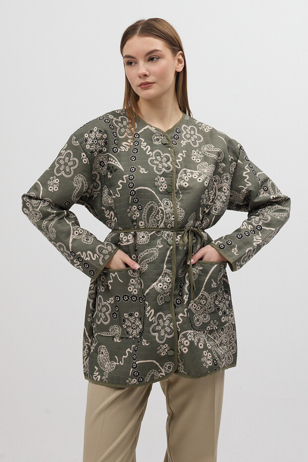 Green Ethnic Patterned Quilted Waist-Tie Women's Jacket 3496