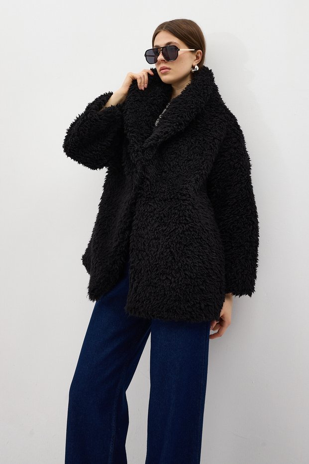 Black Snap Fastener Plush Women's Coat 8471