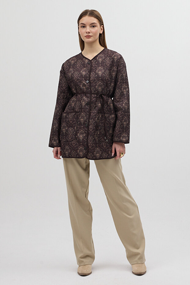 3496 سترة مبطنة بنمط عرقي باللون البني - 3