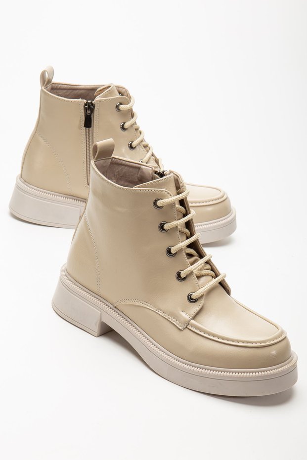 Zri̇n-B-2001 Premium Beige Wrinkled Patent Leather Lace-Up Zippered Winter Women's Boots