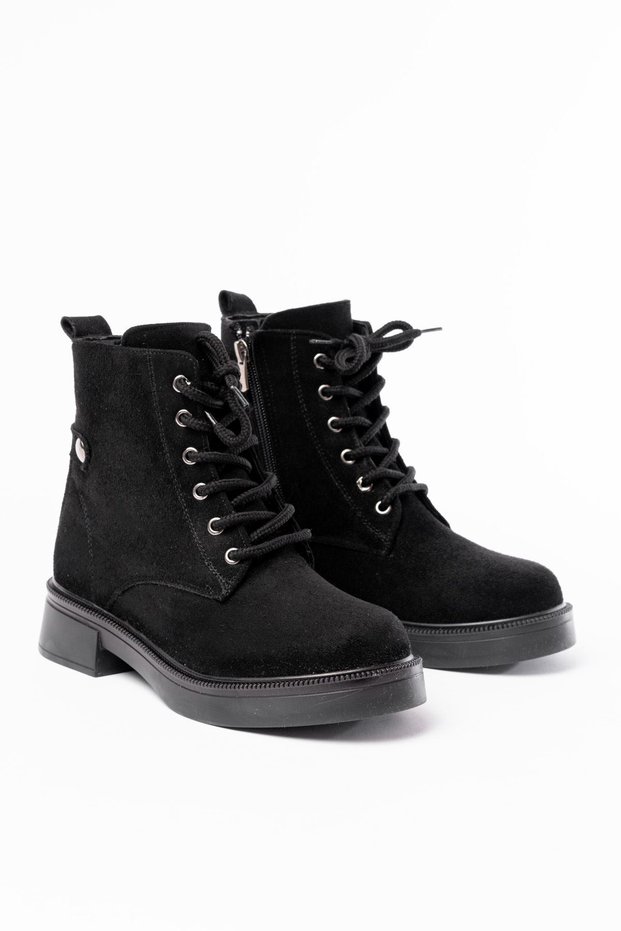Zri̇n-2003 Premium Black Suede Lace-Up Zippered Casual Women's Boots