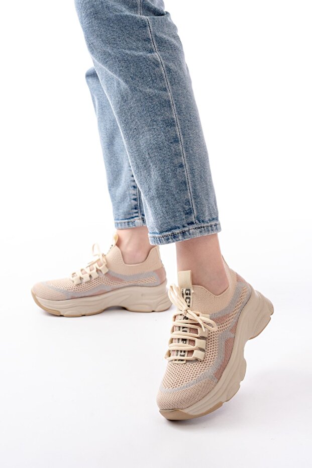 Zri̇n-3001 Premium Beige Lace-Up Mesh Casual Sneaker