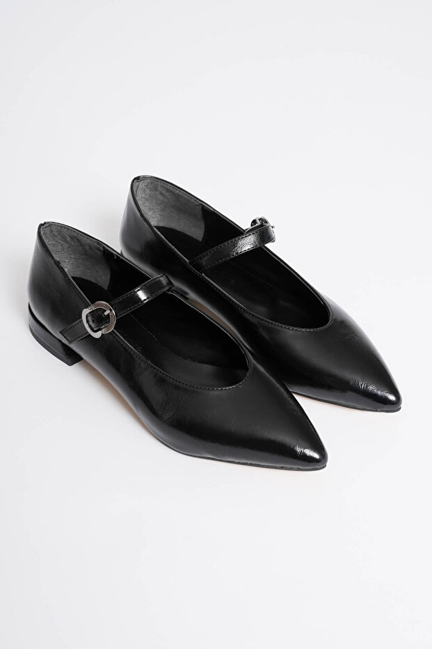 Meredith Premium Black Casual Short Pointed Toe Mary Jane Ballet Flats