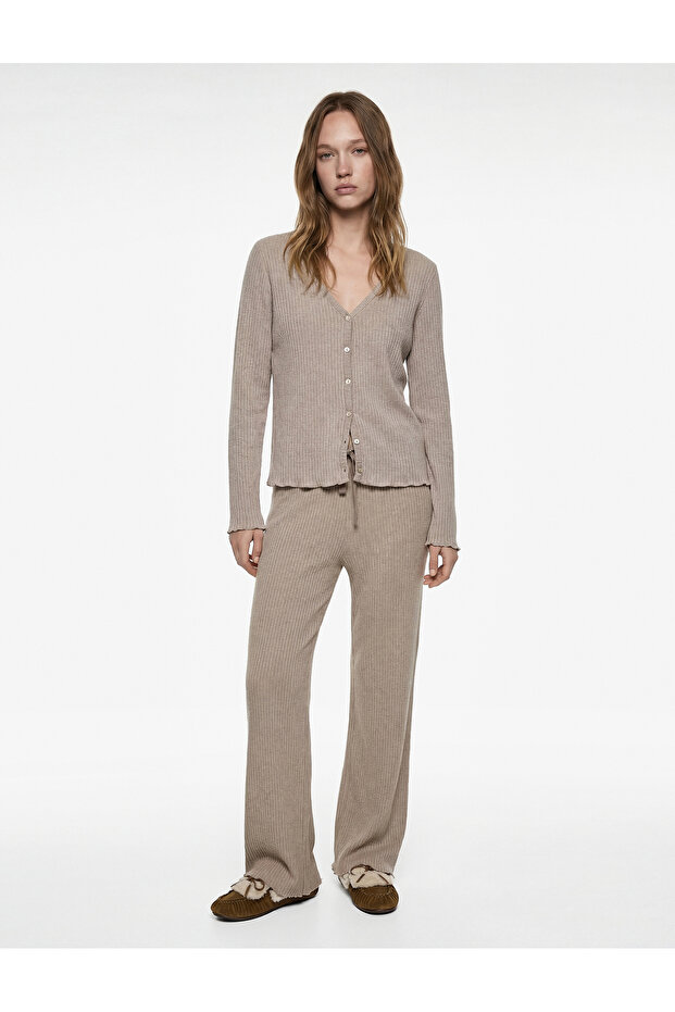V-Neck Long Sleeve Buttoned Knit Pajama Top