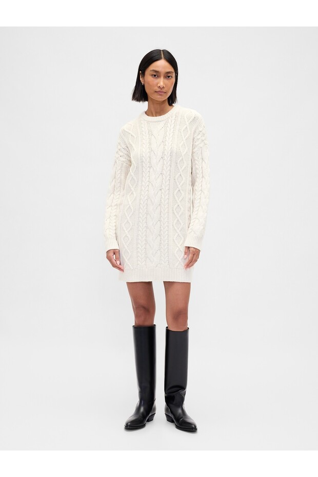 Kadın Krem Cable Örgü Mini Elbise - 1