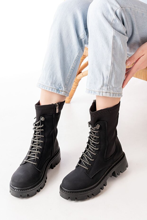 Zri̇n-2006 Premium Black Emerald Lace-Up Zippered Women's Boots