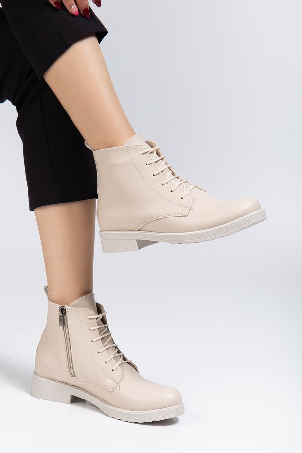Zri̇n165-225 Premium Beige Leather Lace-Up Zippered Casual Women's Boots