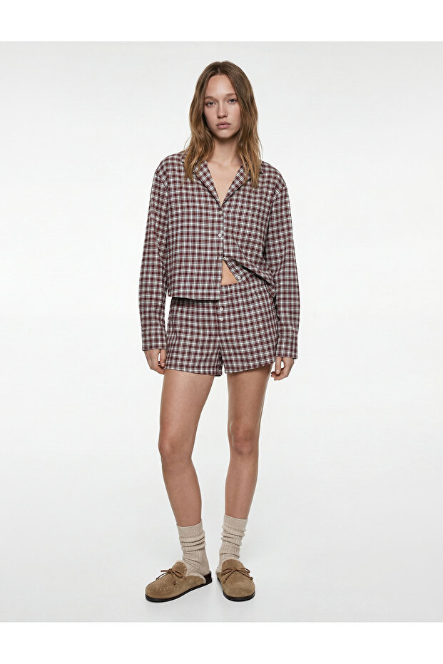Long Sleeve Shirt Collar Oversized Crop Plaid Pajama Top